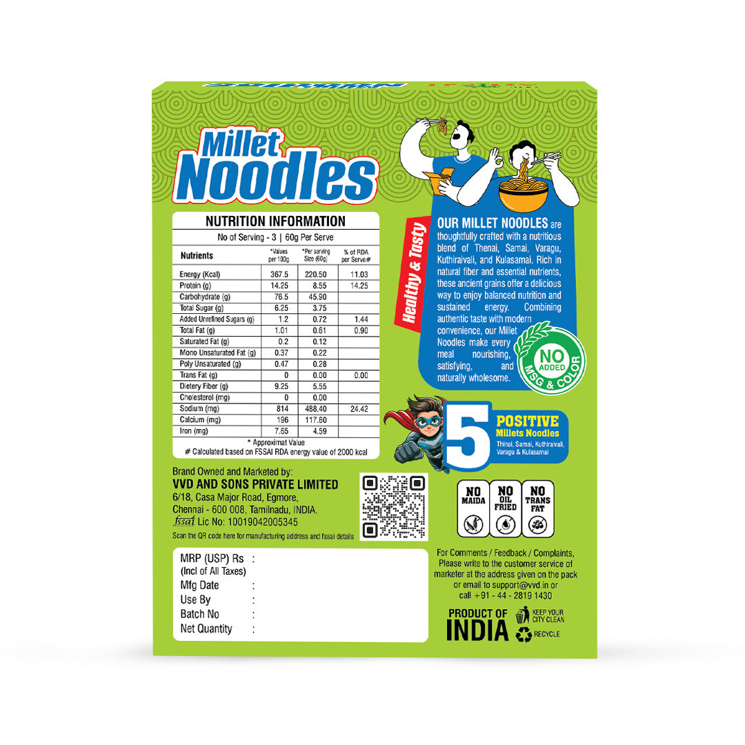 VVD Millet Noodles Curry Masala | No Maida Noodles | 94% Multi Millet Blend
