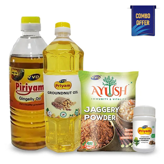 Combo of Priyam brand gingelly oils and a powder on a white background