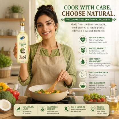 VVD Cold Pressed Extra Virgin Coconut Oil | 100% Pure & Unrefined Virgin Coconut Oil | Edible Coconut Oil for Cooking, Hair & Skin - VVD & Sons Pvt. Ltd.