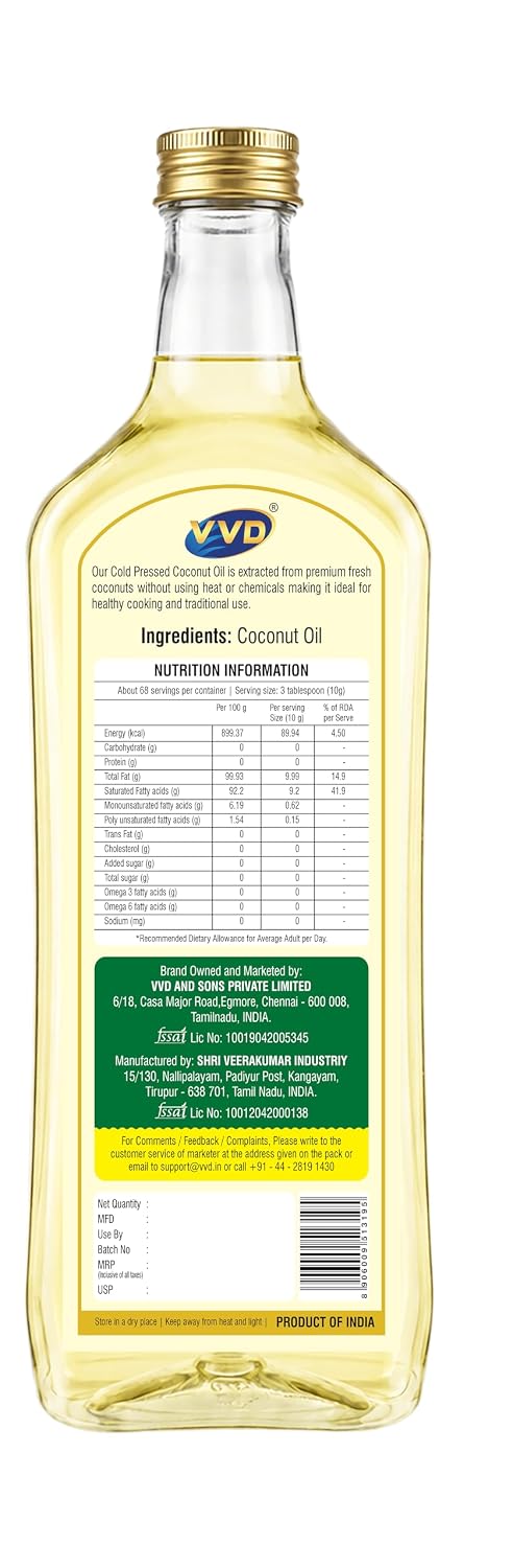 VVD Cold Pressed Extra Virgin Coconut Oil | 100% Pure & Unrefined Virgin Coconut Oil | Edible Coconut Oil for Cooking, Hair & Skin - VVD & Sons Pvt. Ltd.