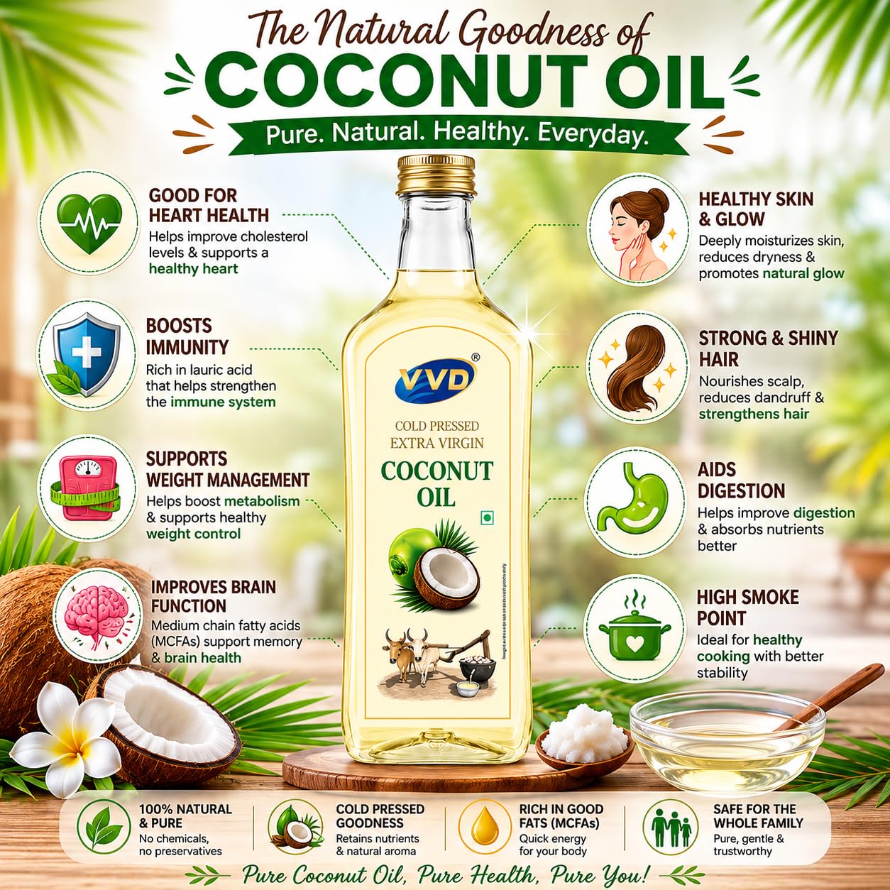 VVD Cold Pressed Extra Virgin Coconut Oil | 100% Pure & Unrefined Virgin Coconut Oil | Edible Coconut Oil for Cooking, Hair & Skin - VVD & Sons Pvt. Ltd.