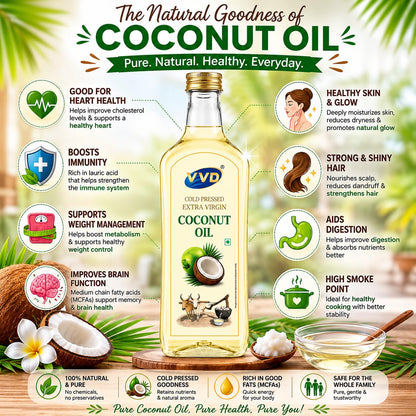 VVD Cold Pressed Extra Virgin Coconut Oil | 100% Pure & Unrefined Virgin Coconut Oil | Edible Coconut Oil for Cooking, Hair & Skin - VVD & Sons Pvt. Ltd.