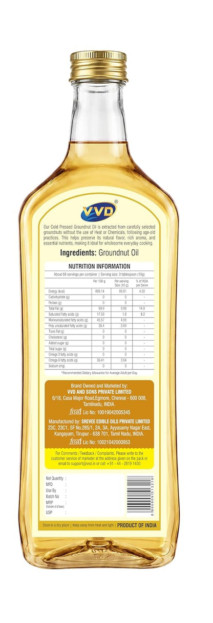 VVD Cold Pressed Groundnut Oil 750ml | Pure, Unrefined & Naturally Filtered - VVD & Sons Pvt. Ltd.