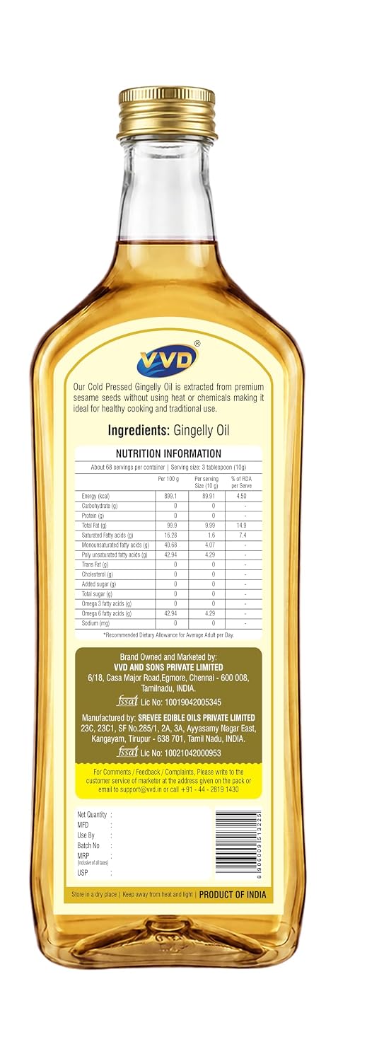 VVD Gold Cold Pressed Gingelly Oil 750 ML | 100% Pure Unrefined Sesame Oil | Naturally Filtered | Rich Aroma & Authentic Taste | Traditional Cooking & Everyday Use - VVD & Sons Pvt. Ltd.