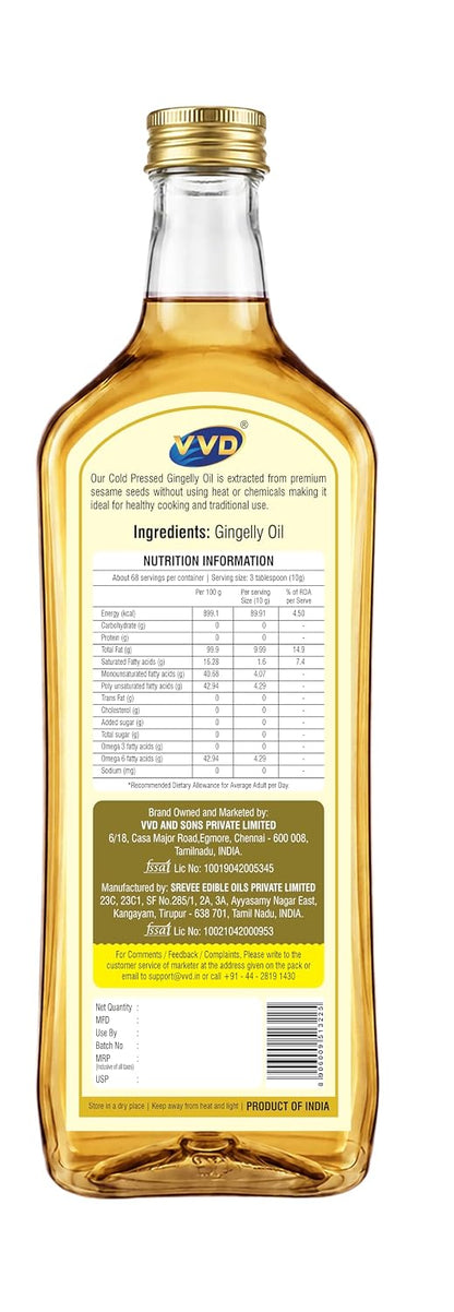 VVD Gold Cold Pressed Gingelly Oil 750 ML | 100% Pure Unrefined Sesame Oil | Naturally Filtered | Rich Aroma & Authentic Taste | Traditional Cooking & Everyday Use - VVD & Sons Pvt. Ltd.