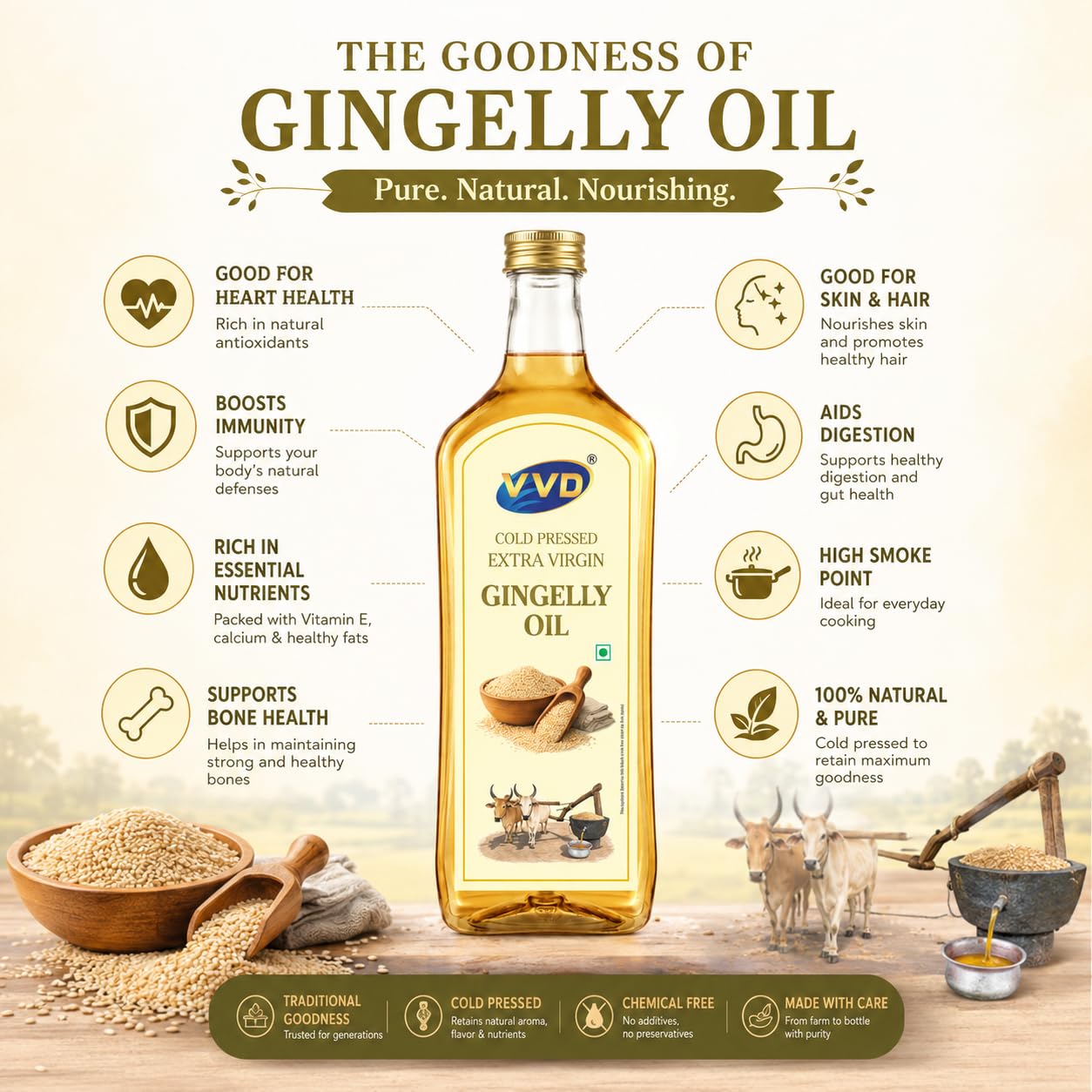 VVD Gold Cold Pressed Gingelly Oil 750 ML | 100% Pure Unrefined Sesame Oil | Naturally Filtered | Rich Aroma & Authentic Taste | Traditional Cooking & Everyday Use - VVD & Sons Pvt. Ltd.