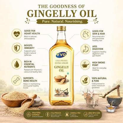 VVD Gold Cold Pressed Gingelly Oil 750 ML | 100% Pure Unrefined Sesame Oil | Naturally Filtered | Rich Aroma & Authentic Taste | Traditional Cooking & Everyday Use - VVD & Sons Pvt. Ltd.