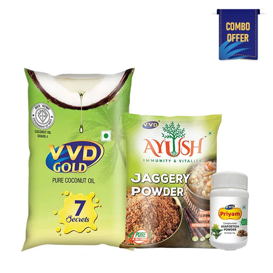 VVD Gold Coconut Oil - Pouch 1000ml + VVD Ayush Jaggery Powder - Pouch 500gm + VVD Priyam Compounded Asafoetida - 50gm