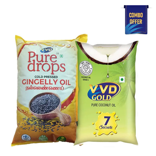 VVD Gold Coconut Oil - Pouch 1000ml + VVD Pure Drops Cold Pressed Gingelly Oil - Pouch 1000ml