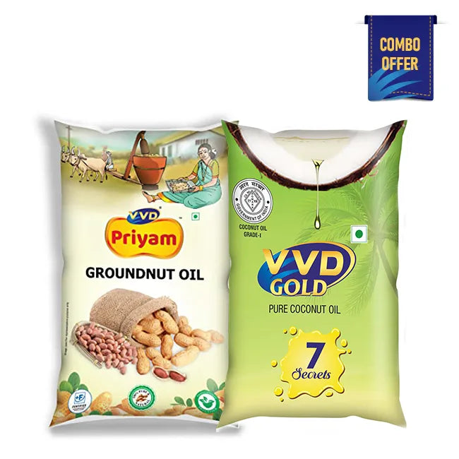 VVD Gold Pure Coconut Oil - Pouch 1000ml + VVD Priyam Groundnut Oil - Pouch 1000ml - VVD & Sons Pvt. Ltd.